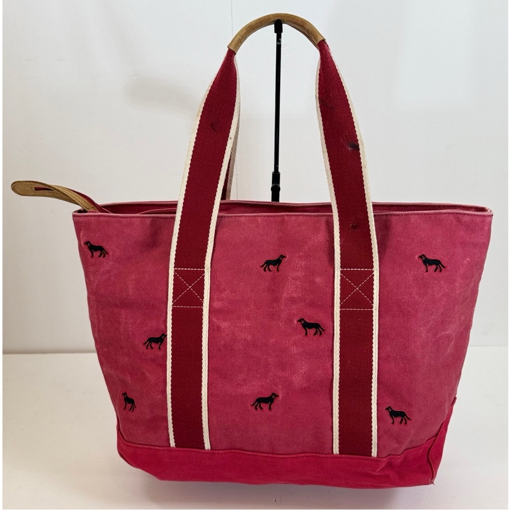 L.L. Bean Vintage Boat Tote Bag Embroidered Black Dog Canvas & Leather Light Red - Picture 4 of 15